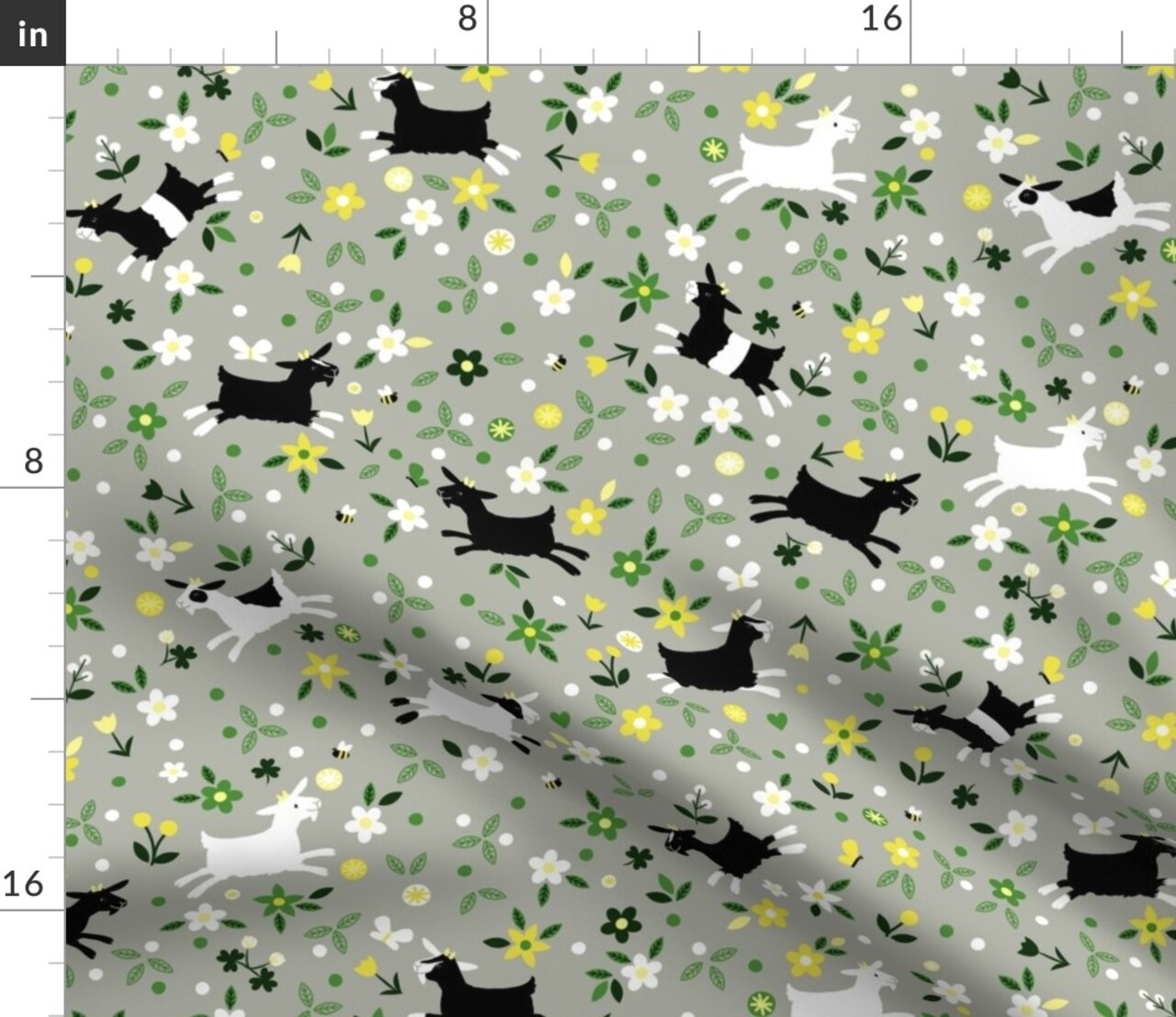 Goat, Frolic, Farm, Yellow, Green, Gray, Country, Animal, Nursery, Floral, Horns, Herd, Grazing, Chevre, Gender Neutral, Kids, Custom Printed Fabric by Spoonflower Various Fabrics by the Yard or Fat Quarter